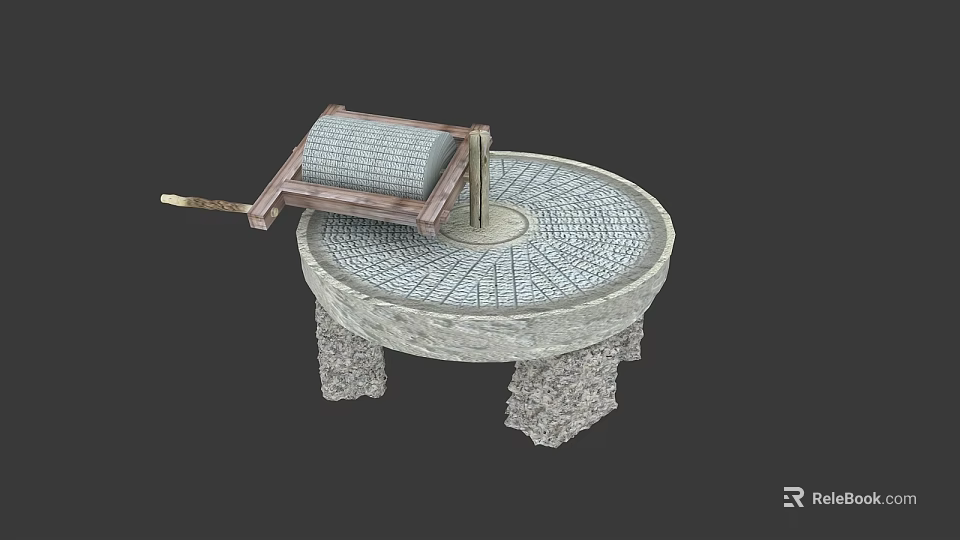 Traditional Garden Ornament Featuring Stone Mill with Circular Grinding Disc Wooden Handle and Stone Base 3d model 