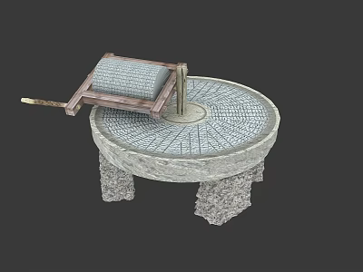 Traditional Garden Ornament Featuring Stone Mill with Circular Grinding Disc Wooden Handle and Stone Base 3d model