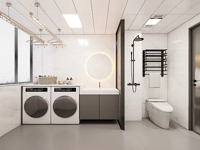Modern Bathroom Interior With White Tiles Washing Machine Sink Toilet And Shower 3d model