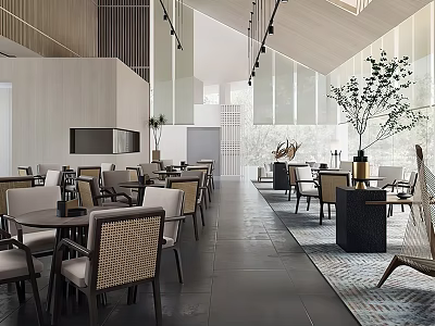 Modern Café Interior Design With Wooden Tables Rattan Chairs And Green Plants 3d model