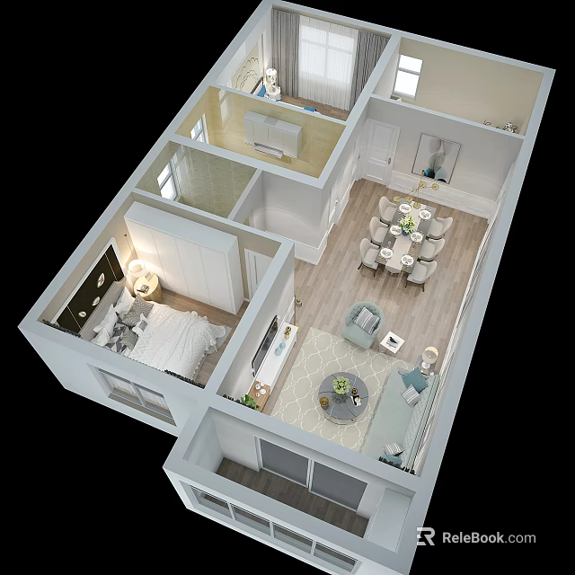 Birds Eye View Floor Plan of Modern Residential Interior with Living Dining and Bedroom Spaces 3d model 