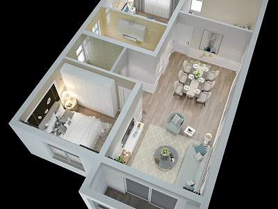 Birds Eye View Floor Plan of Modern Residential Interior with Living Dining and Bedroom Spaces 3d model