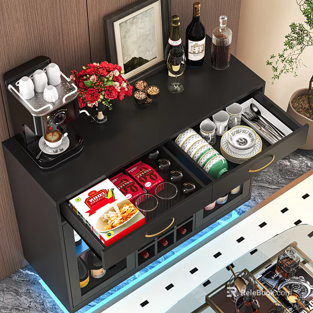 Black Nightstand With Coffee Machine Flower Bouquet Wine Bottles And Storage Drawers 3d model 