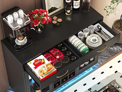 Black Nightstand With Coffee Machine Flower Bouquet Wine Bottles And Storage Drawers 3d model