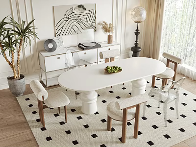 Elegant White Oval Dining Table Set With Chairs Cabinet And Green Plant On Checkered Rug 3d model