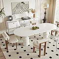 Elegant White Oval Dining Table Set With Chairs Cabinet And Green Plant On Checkered Rug