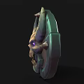 Dark Fantasy Shield With Skull Head Horns Purple Eyes And Metal Wooden Accents