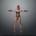 Red Haired Woman In Crimson Tight Outfit With Arm Cuffs Arms Outstretched On Gray Background