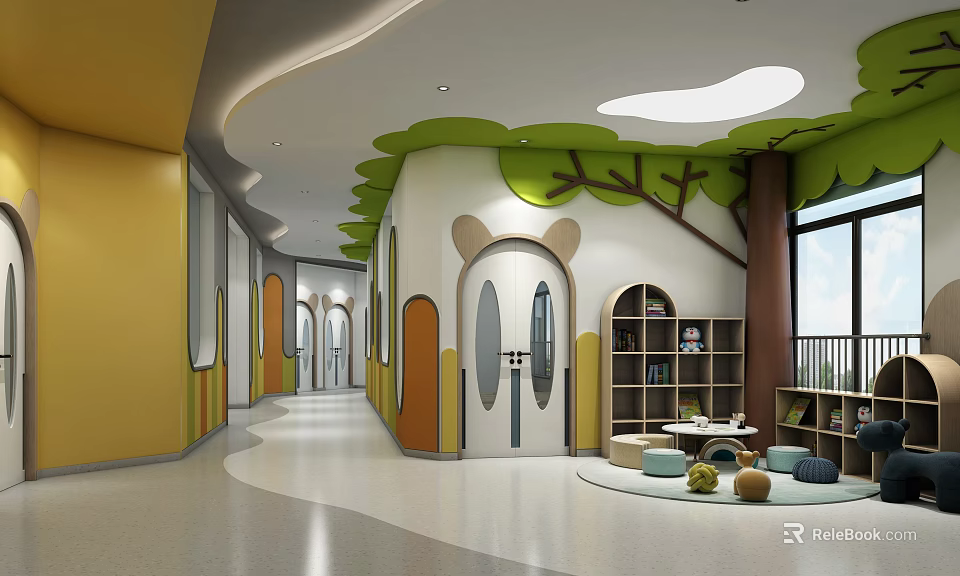 Kindergarten Interior with Yellow Walls Green Tree Decor Bookshelves Bear Ear Doors Circular Seating Area 3d model 