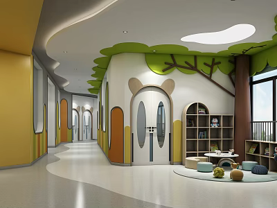 Kindergarten Interior with Yellow Walls Green Tree Decor Bookshelves Bear Ear Doors Circular Seating Area 3d model