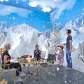 Indoor Snow Mountain Scene With Girls Interacting At Table And Telescope