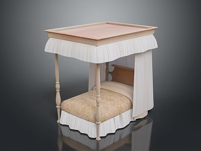 Elegant Bed With Wooden Frame Top Board Beige Mattress And White Canopy 3d model
