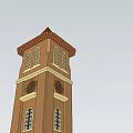 Tall Brown Brick Tower With Red Pitched Roof Multiple Windows And Stone Base