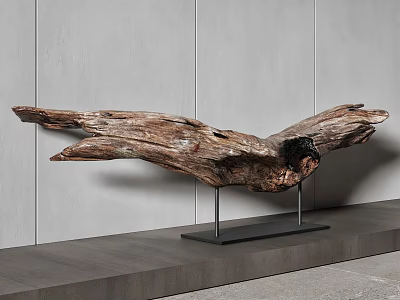 Wooden Eagle Sculpture With Spread Wings On Black Metal Stand Against Gray Wall 3d model