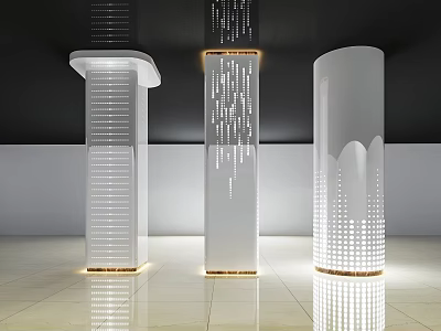 White Columns with Perforated Design and Base Lighting in Modern Interior Space on Reflective Floor 3d model