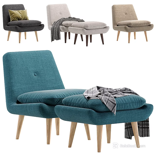 Modern Teal Accent Chair With Ottoman Plush Cushions Wooden Legs And Throw Blanket 3d model 