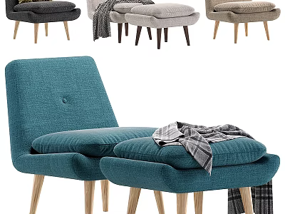 Modern Teal Accent Chair With Ottoman Plush Cushions Wooden Legs And Throw Blanket 3d model