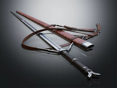 Medieval Sword With Brown Leather Scabbard Leather Strap Metal Blade And Decorative Hilt 3d model