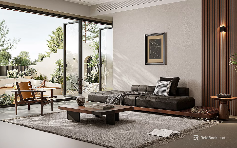Modern Living Room with Large Windows Natural Light Wooden Accents Framed Art Sofa And Coffee Table 3d model 