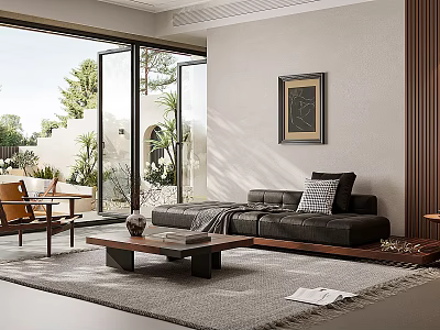 Modern Living Room with Large Windows Natural Light Wooden Accents Framed Art Sofa And Coffee Table 3d model