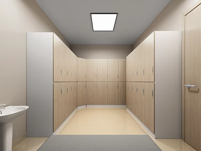 Beige Locker Room Interior With Row Of Cabinets And Washbasin In Corridor 3d model
