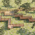 Wooden Road Facilities Pathway System With Connected Platforms Trees and Green Grass 3d model