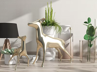 Gold Deer Ornaments Green Plants White Pots And Transparent Vase Decorative Set 3d model