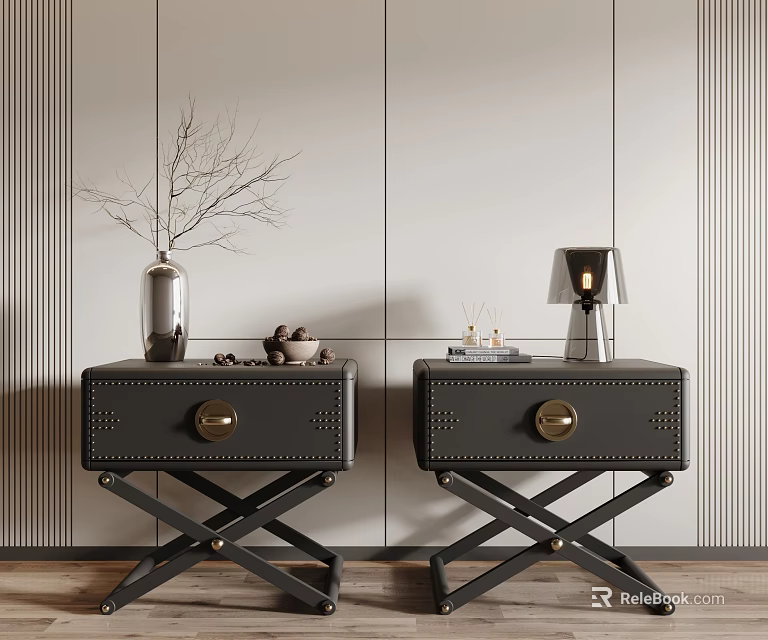 Black Rivet Decor Nightstand with Drawer X Shaped Legs Silver Vase Twigs and Table Lamp 3d model 