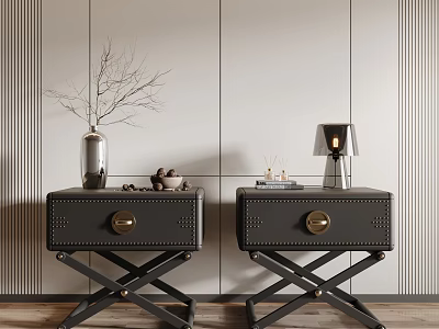 Black Rivet Decor Nightstand with Drawer X Shaped Legs Silver Vase Twigs and Table Lamp 3d model