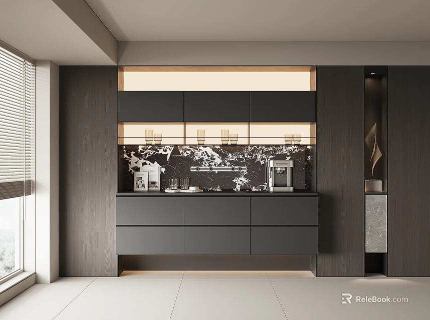 Modern Minimalist Sideboard Design With LED Lighting Dark Wood And Marble Backsplash 3d model 