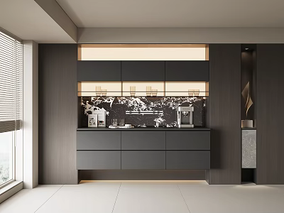 Modern Minimalist Sideboard Design With LED Lighting Dark Wood And Marble Backsplash 3d model