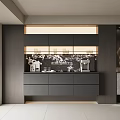 Modern Minimalist Sideboard Design With LED Lighting Dark Wood And Marble Backsplash
