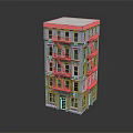 Detailed Multistory Building Model Featuring Red Roof Blue Exterior Fire Escapes Windows And Door
