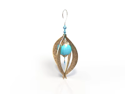 Golden Leaf Shaped Earring With Blue Spherical Bead And Decorative Details 3d model