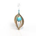 Golden Leaf Shaped Earring With Blue Spherical Bead And Decorative Details