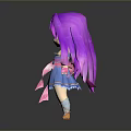 Cute Female Doll With Purple Hair Pink Flower And Blue Dress Standing On Gray Background