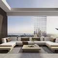 Modern Home Balcony With Sectional Sofa Coffee Table Plant And City View