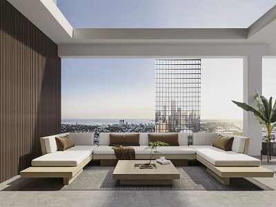 Modern Home Balcony With Sectional Sofa Coffee Table Plant And City View 3d model