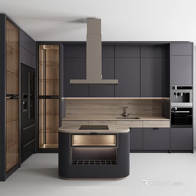 Modern Kitchen Interior With Dark Gray Cabinets And Wooden Accent Island 3d model 