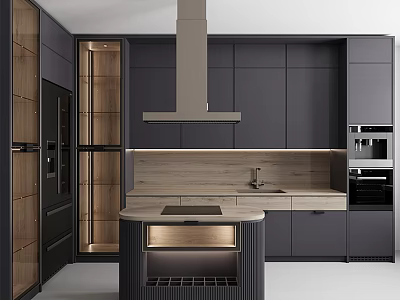 Modern Kitchen Interior With Dark Gray Cabinets And Wooden Accent Island 3d model