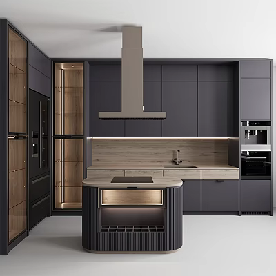 Modern Kitchen Interior With Dark Gray Cabinets And Wooden Accent Island 3d model