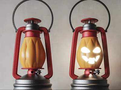 Two Pumpkin Shaped Table Lamps With Red Frame One Lit Smiling Face Design 3d model