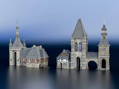 Ancient Historic Architecture With Stone Towers Pointed Spires Arched Doors And Classic Design 3d model