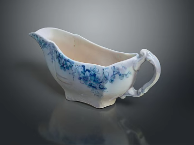 Ceramic Sauce Boat With Blue White Floral Pattern And Curved Handle 3d model