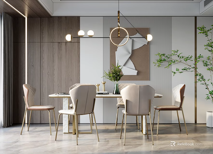 Modern Dining Room Interior With Beige Chairs Gold Chandelier Wooden Wall Decor And Plant 3d model 