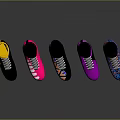Colorful Athletic Sports Shoes with Various Designs and Vibrant Upper Patterns on Dark Background