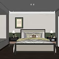 Elegant Modern Bedroom Interior With Wooden Floor Ceiling Light Strip Decorative Painting Nightstands And Lamps