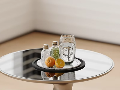 Decorative Ornament Set With Transparent Glass Bottles Oranges And Black Tray On Silver Tabletop 3d model