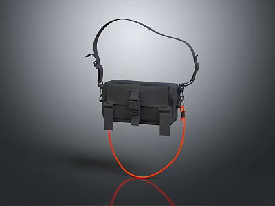 Stylish Black Shoulder Bag With Adjustable Strap And Orange Decorative Cord 3d model