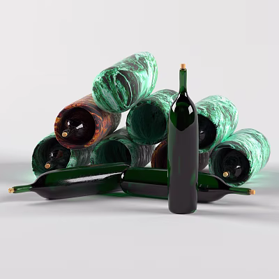 Multiple Glass Wine Bottles in Green and Brown with Stacked Upright and Horizontal Designs 3d model